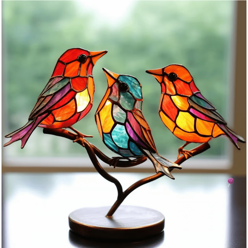 Stained Glass Birds Ornament with Bronze Metal Branch Stand for Tabletop Décor - Image 3