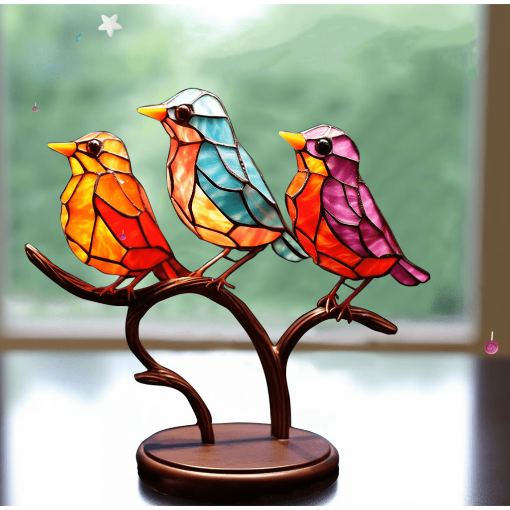 Stained Glass Birds Ornament with Bronze Metal Branch Stand for Tabletop Décor - Image 4