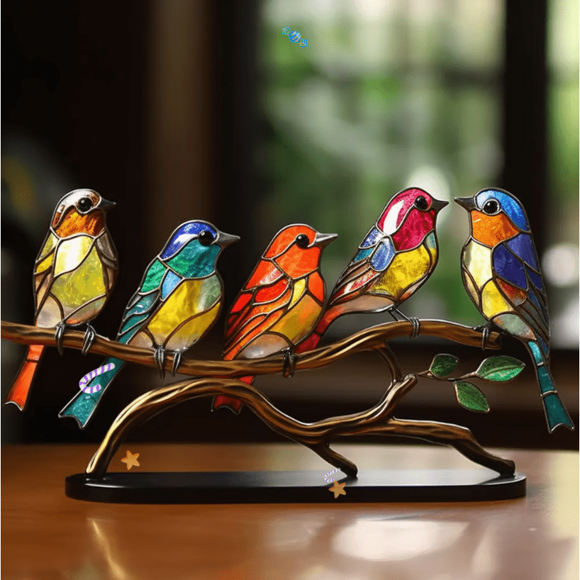 Stained Glass Birds Ornament with Bronze Metal Branch Stand for Tabletop Décor - Image 5