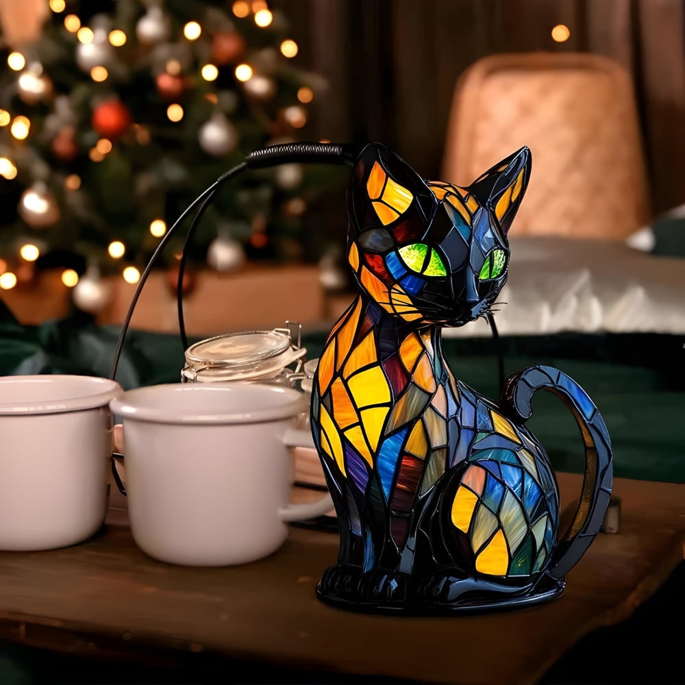 Stained Glass Cat Desk Lamp with Color-Changing Glow and Mosaic Design - Image 4