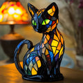 Stained Glass Cat Table Lamp with Tiffany Style Warm Orange Glow and Green Eyes - Image 1