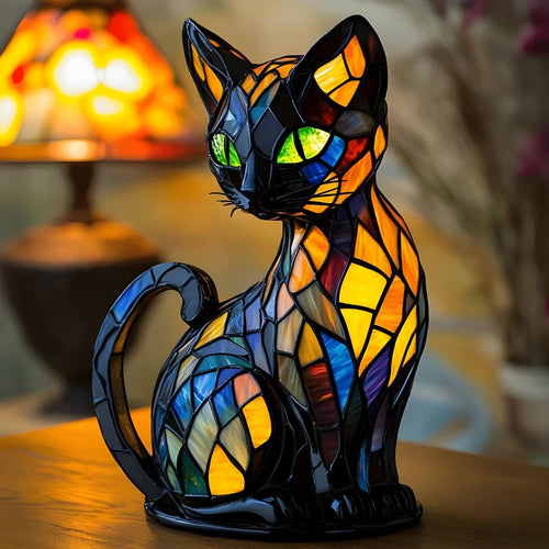 Stained Glass Cat Table Lamp with Tiffany Style Warm Orange Glow and Green Eyes - Image 1