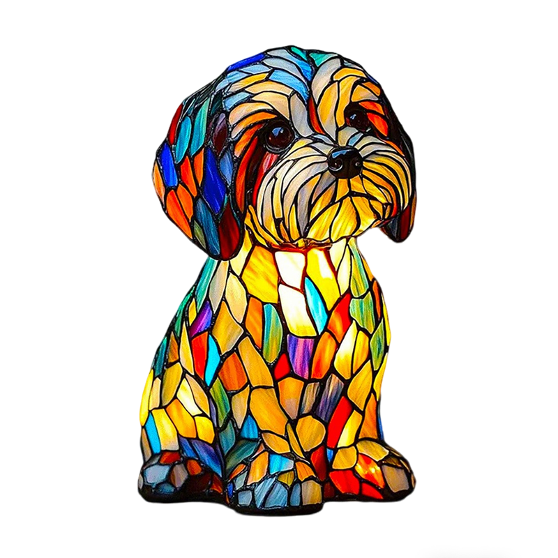 Stained Glass Dog Table Lamp with Mosaic Illuminated Design and Night Light - Image 1