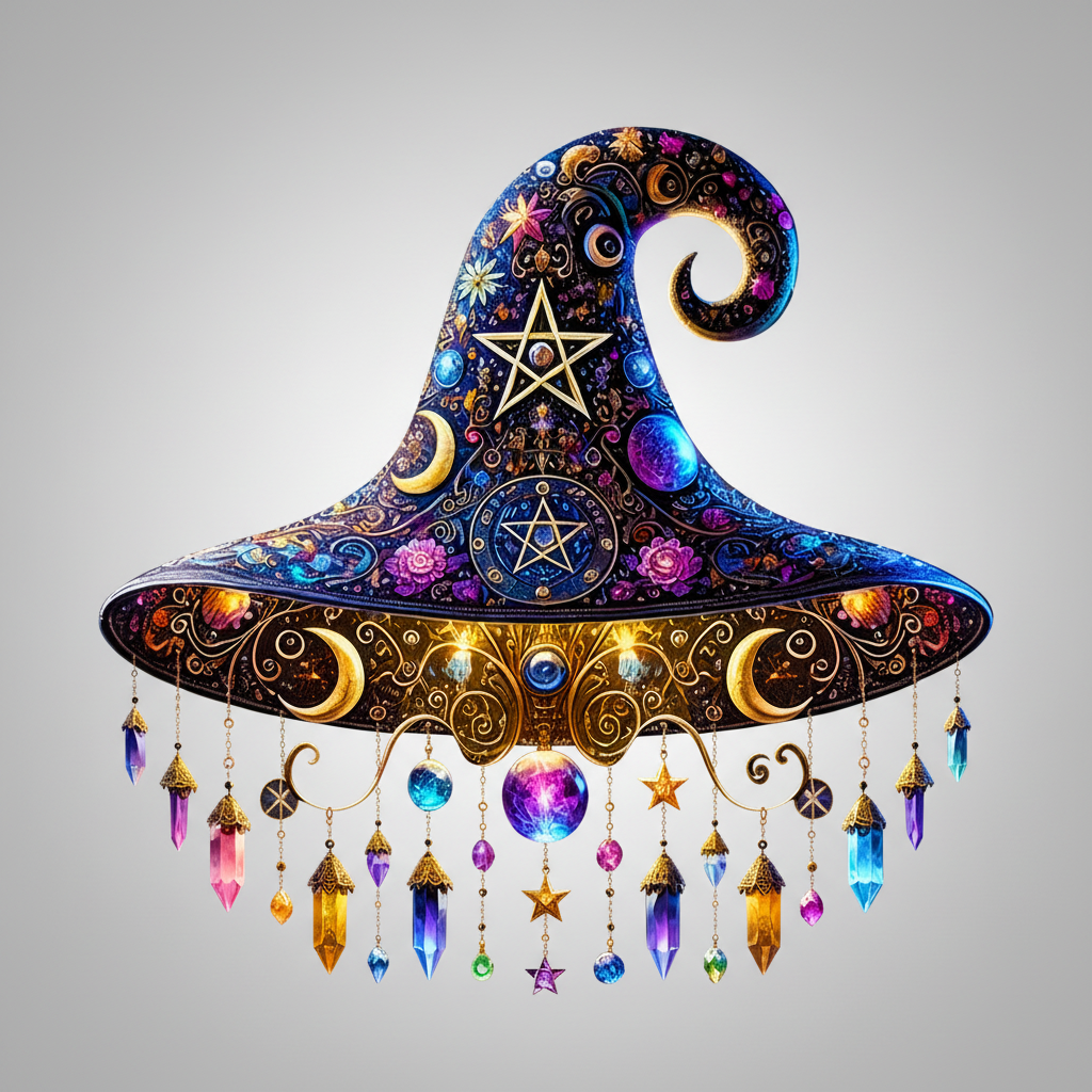 Stained Glass Suncatcher Witch Hat with Crystal Beads and Crescent Moon for Halloween Window Display - Image 1
