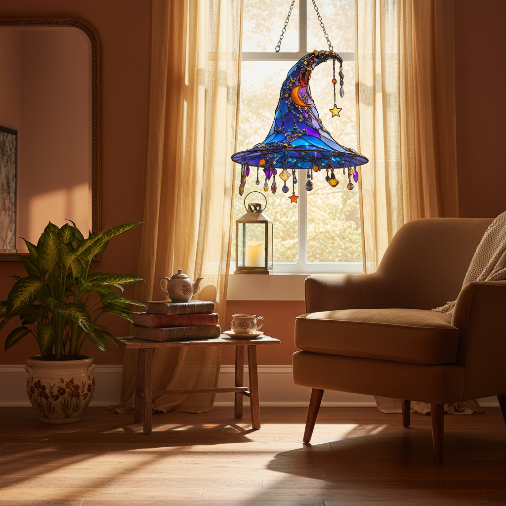 Stained Glass Suncatcher Witch Hat with Crystal Beads and Crescent Moon for Halloween Window Display - Image 3