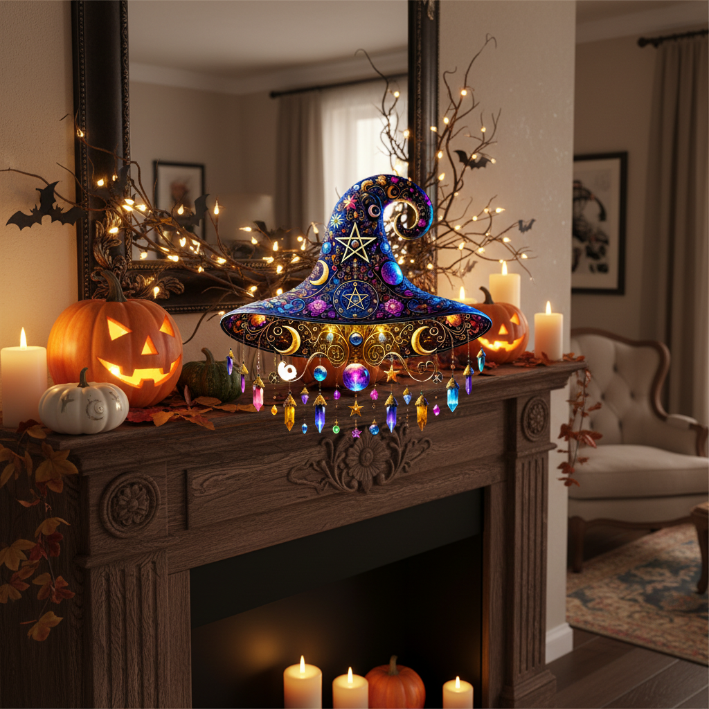 Stained Glass Suncatcher Witch Hat with Crystal Beads and Crescent Moon for Halloween Window Display - Image 4