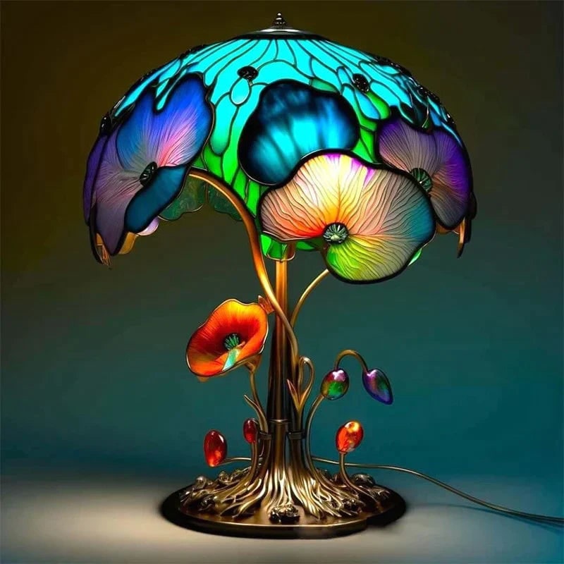 Stained Glass Table Lamp with Sculpted Nature-Inspired Design and Warm LED Glow - Image 3