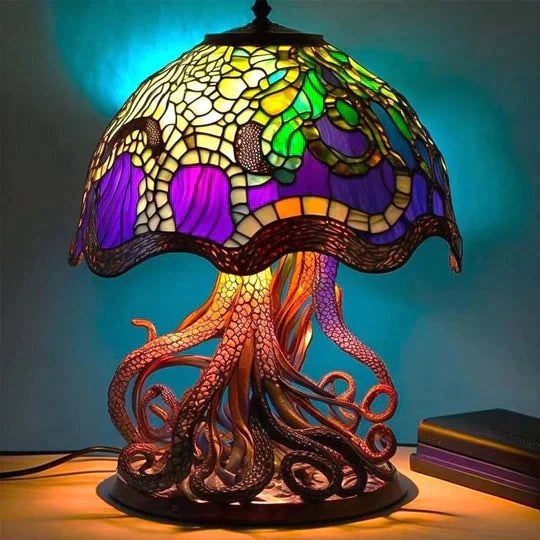 Stained Glass Table Lamp with Sculpted Nature-Inspired Design and Warm LED Glow - Image 7