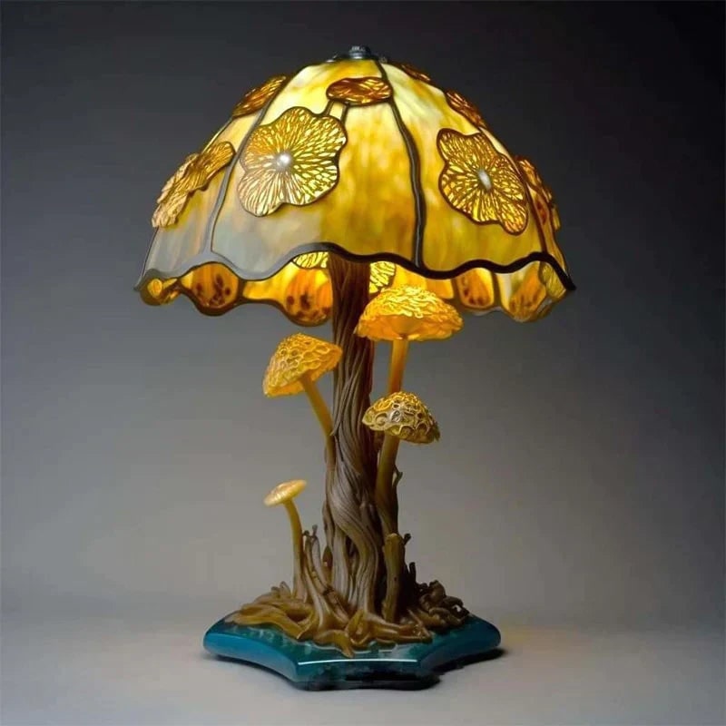 Stained Glass Table Lamp with Vibrant Colored Panels and Sculpted Resin Base - Image 5