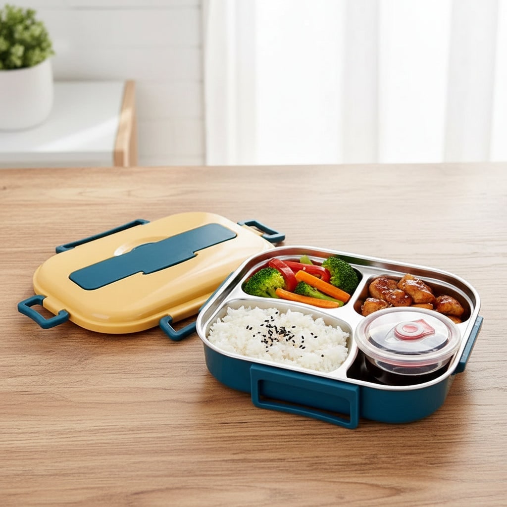 Stainless Steel Bento Lunch Box with Divided Compartments and Lidded Bowl - Image 1