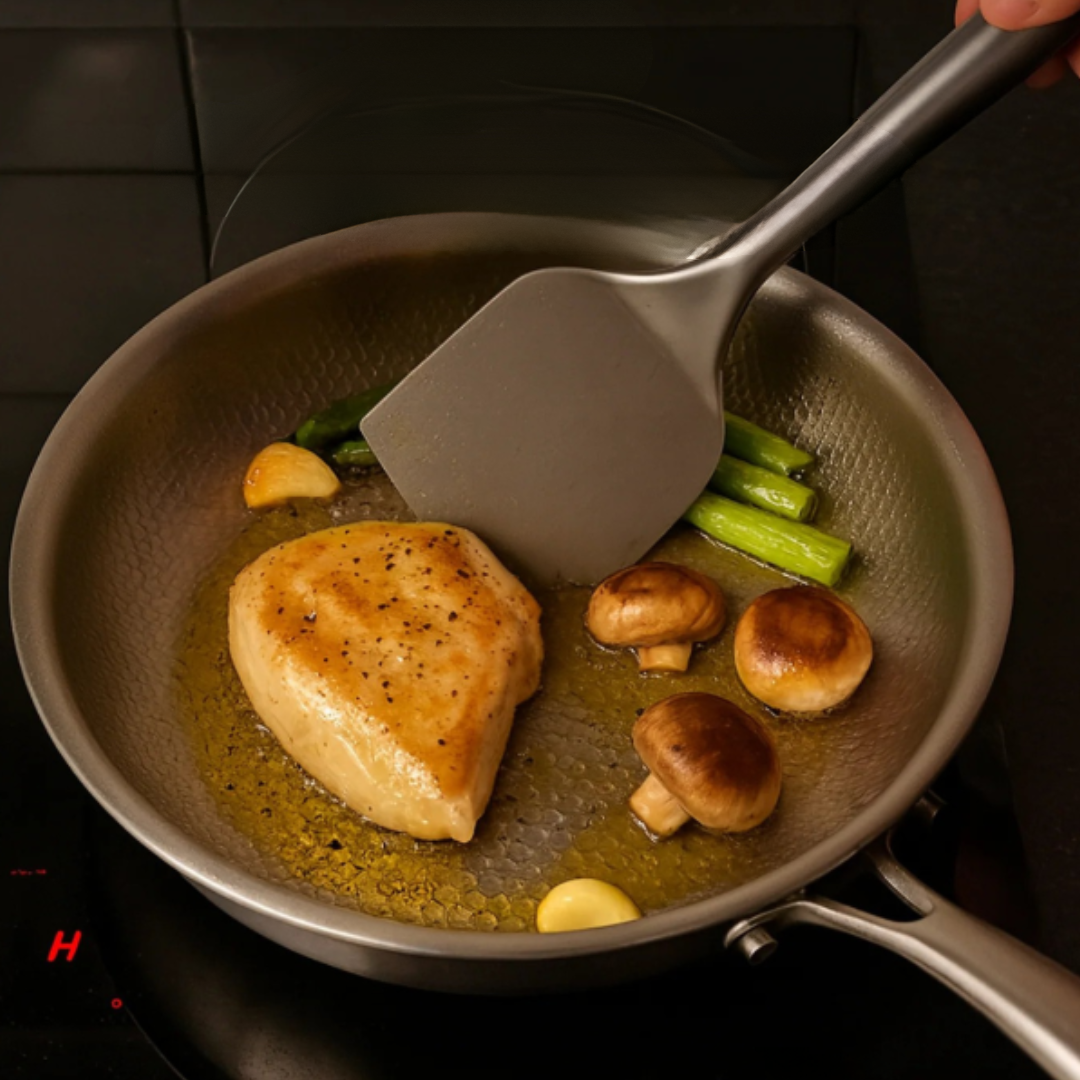 Stainless Steel Frying Pan Hammered Interior and Ergonomic Handle - Image 4