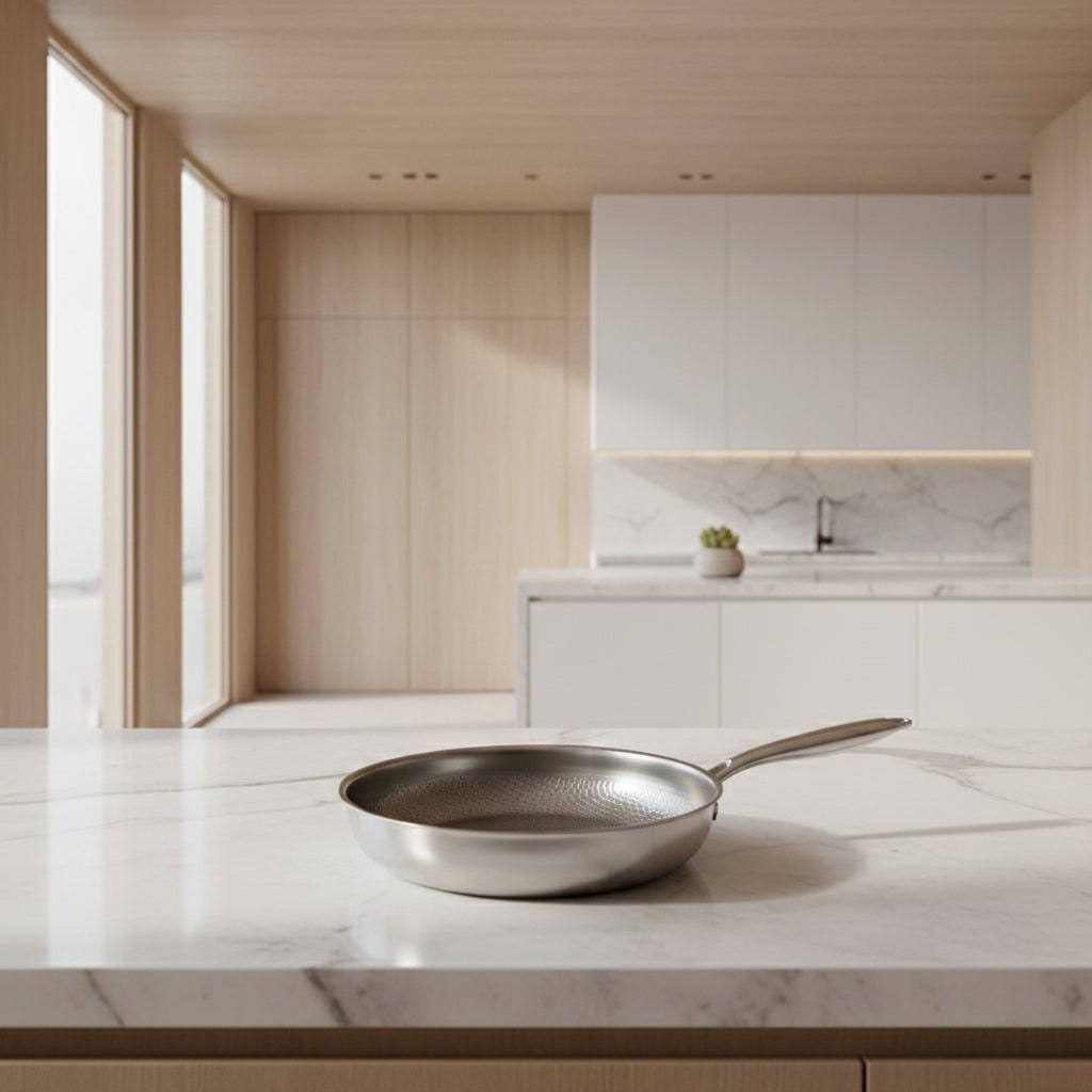 Stainless Steel Frying Pan Hammered Non Stick Interior and Induction Compatible Base - Image 1