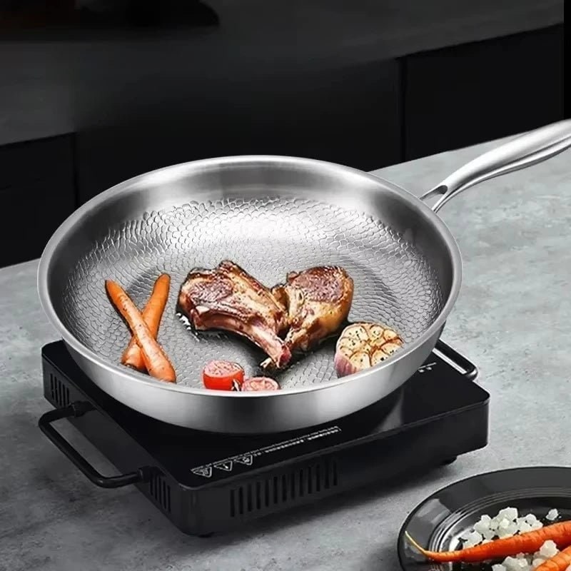 Stainless Steel Frying Pan Hammered Non Stick Interior and Induction Compatible Base - Image 2