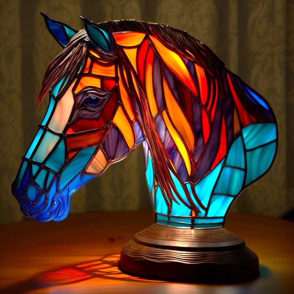 Tiffany Style Stained Glass Table Lamp with Mosaic Panels and Animal Silhouette - Image 10