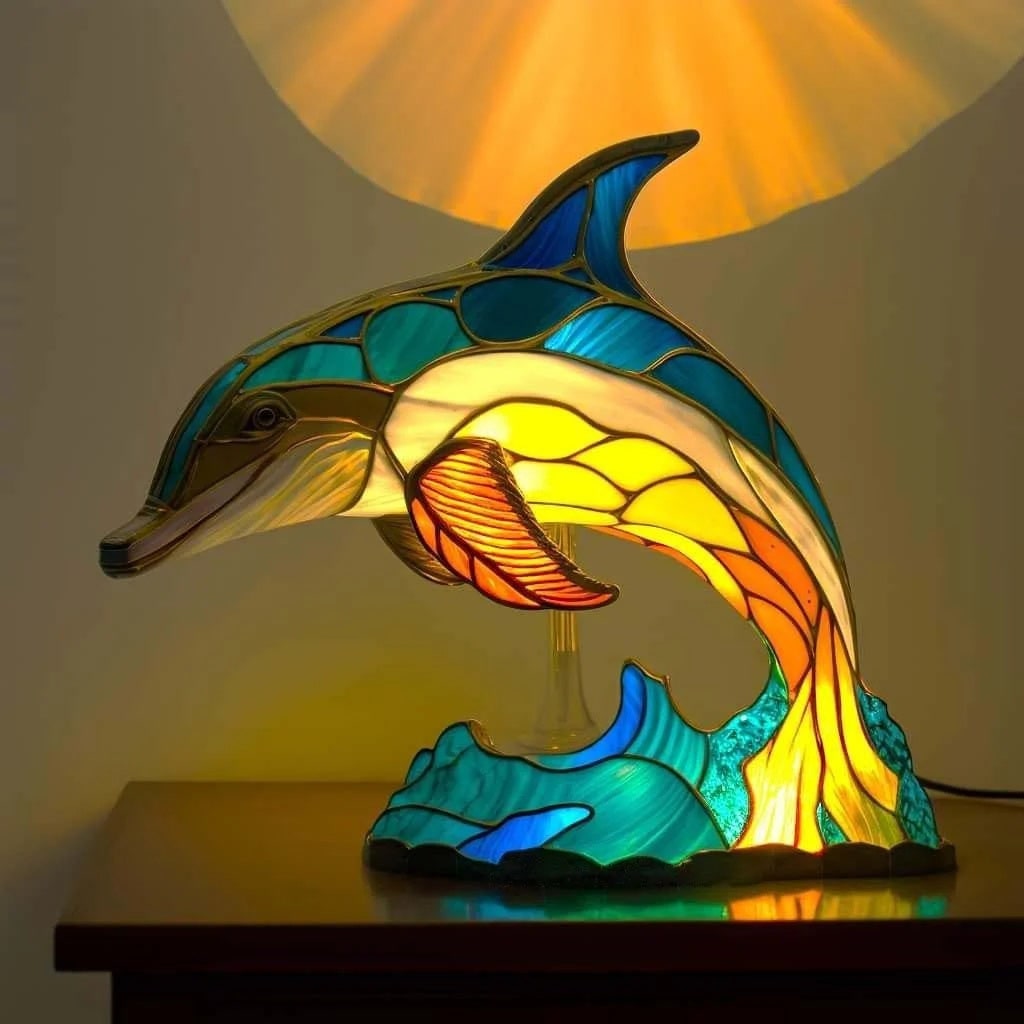 Tiffany Style Stained Glass Table Lamp with Mosaic Panels and Animal Silhouette - Image 11