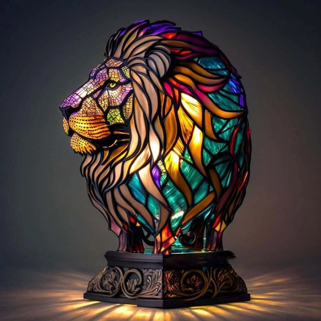 Tiffany Style Stained Glass Table Lamp with Mosaic Panels and Animal Silhouette - Image 12