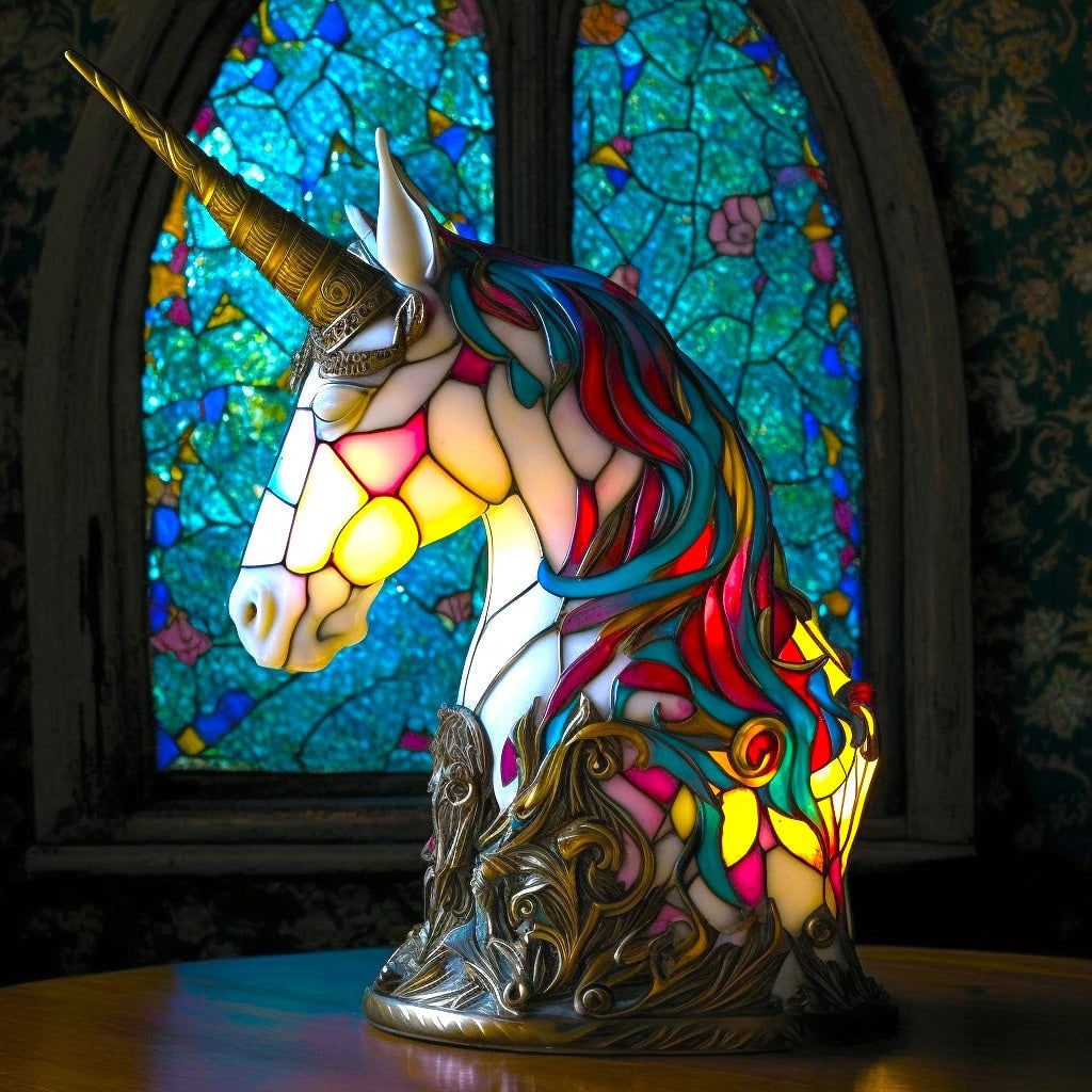 Tiffany Style Stained Glass Table Lamp with Mosaic Panels and Animal Silhouette - Image 15
