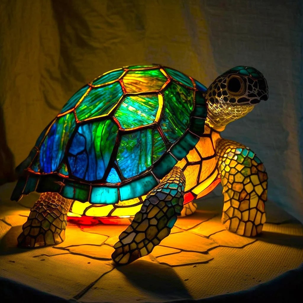 Tiffany Style Stained Glass Table Lamp with Mosaic Panels and Animal Silhouette - Image 18