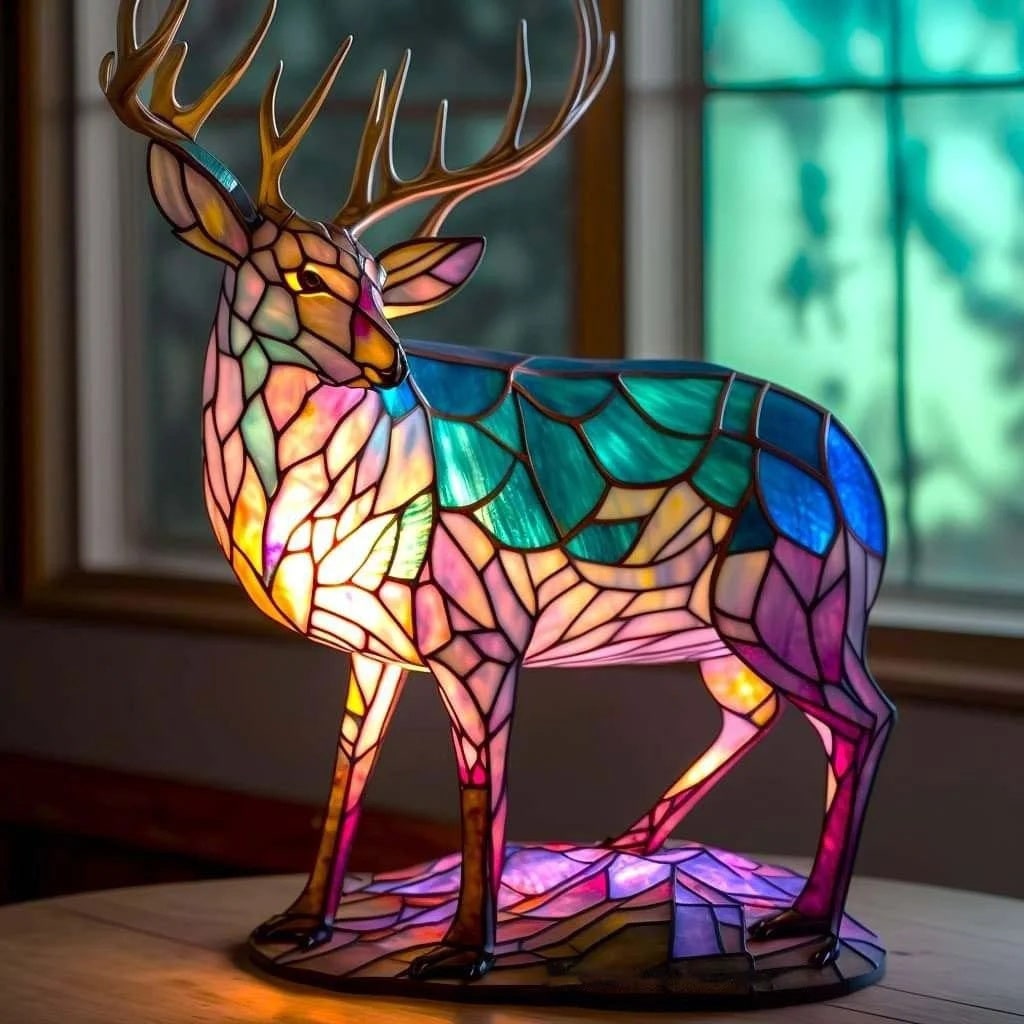 Tiffany Style Stained Glass Table Lamp with Mosaic Panels and Animal Silhouette - Image 2