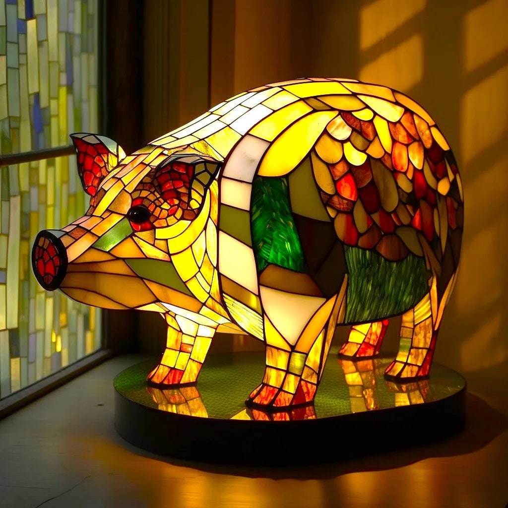 Tiffany Style Stained Glass Table Lamp with Mosaic Panels and Animal Silhouette - Image 3