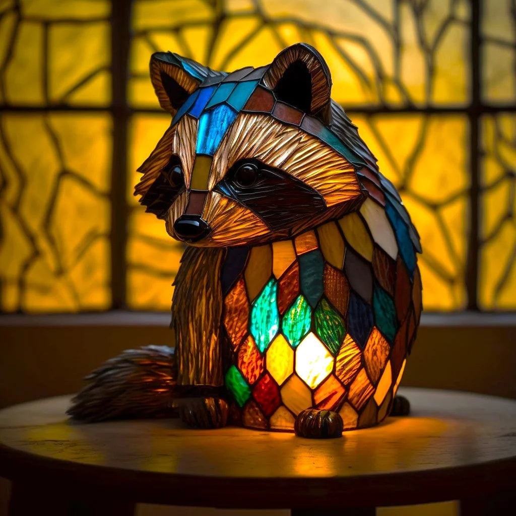 Tiffany Style Stained Glass Table Lamp with Mosaic Panels and Animal Silhouette - Image 5
