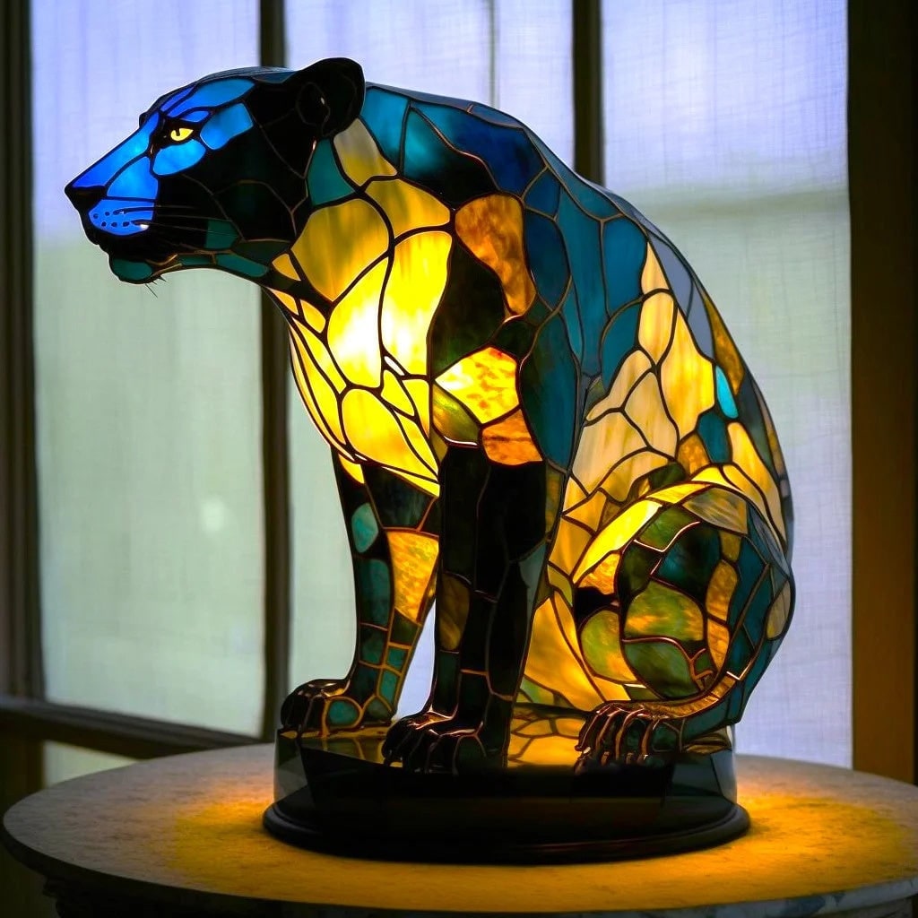 Tiffany Style Stained Glass Table Lamp with Mosaic Panels and Animal Silhouette - Image 7