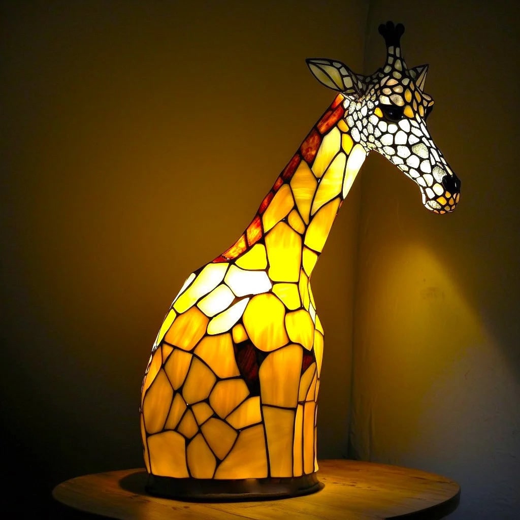 Tiffany Style Stained Glass Table Lamp with Mosaic Panels and Animal Silhouette - Image 8
