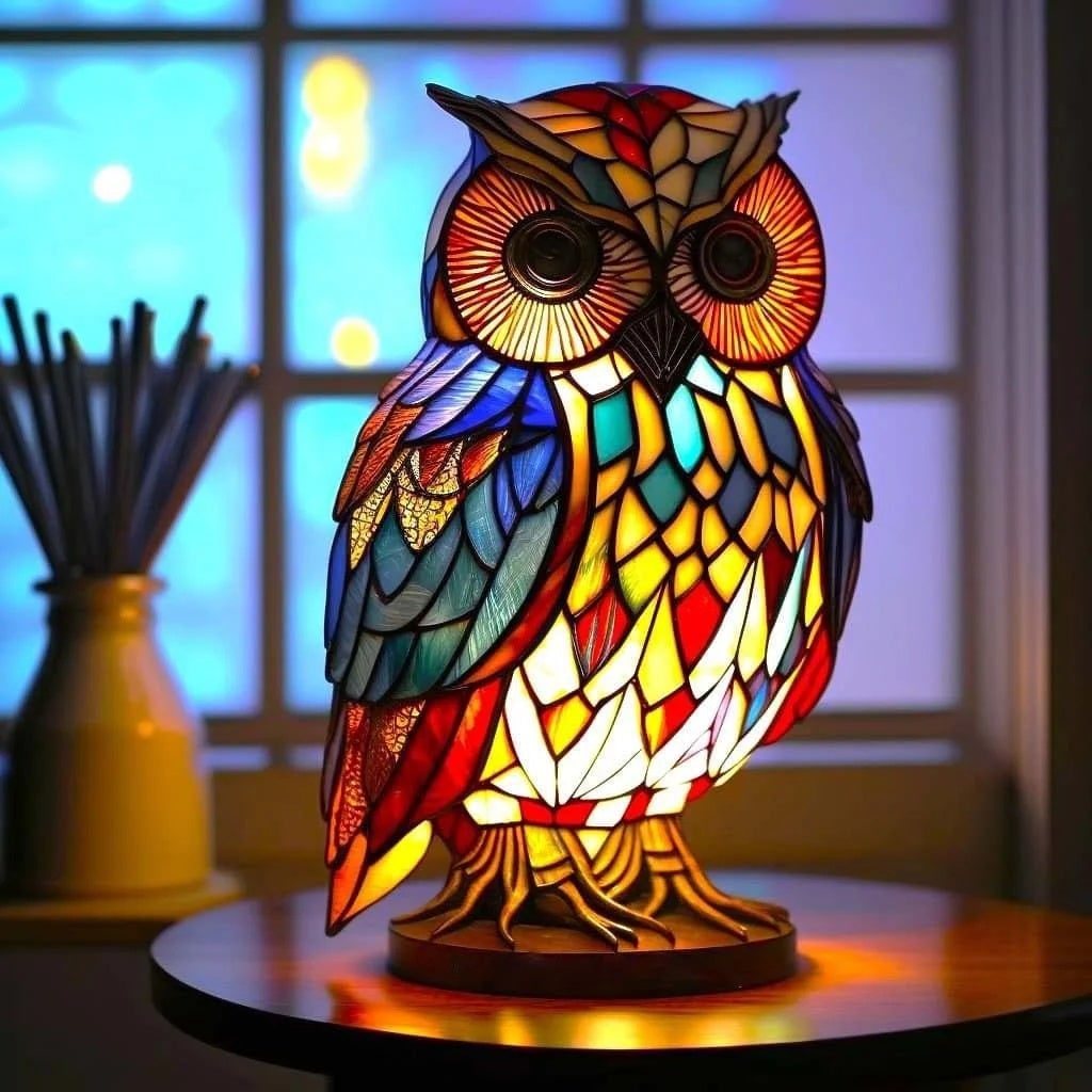 Tiffany Style Stained Glass Table Lamp with Mosaic Panels and Animal Silhouette - Image 9