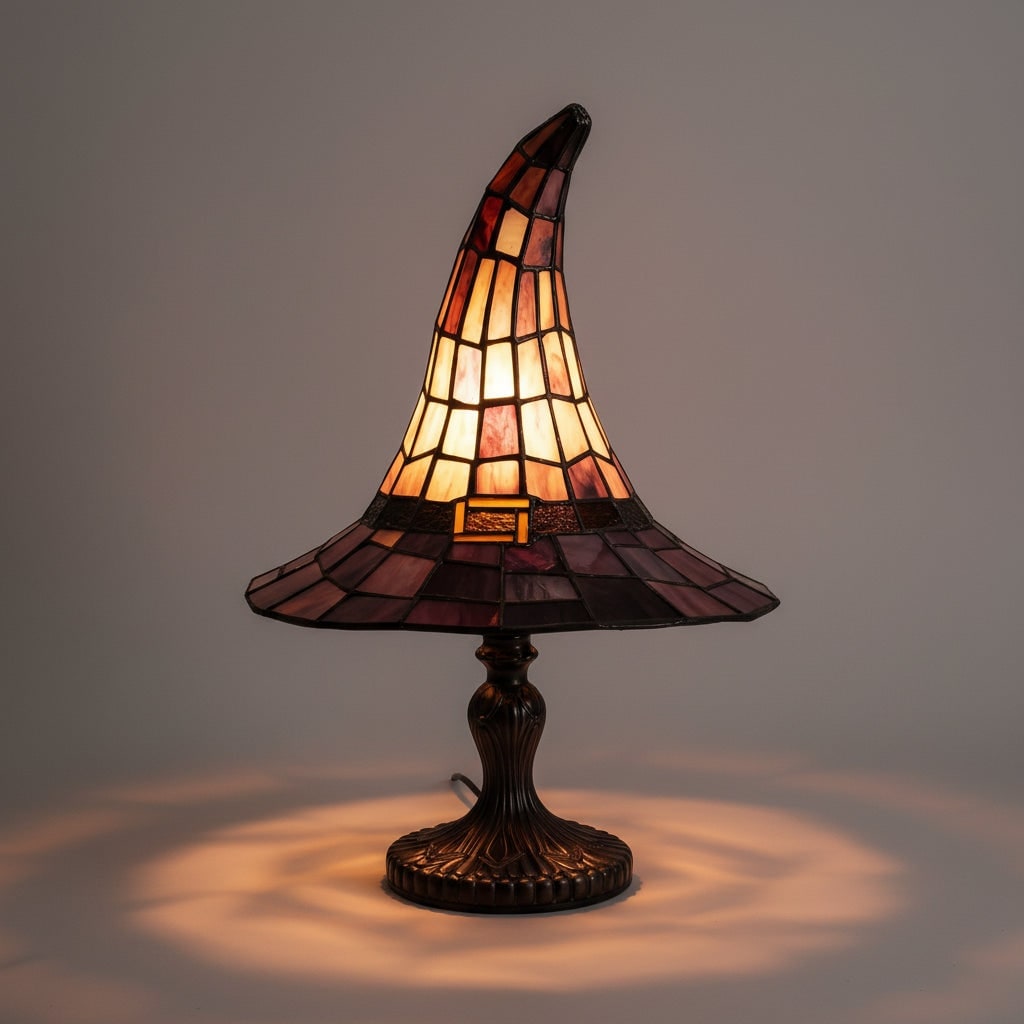 Tiffany Table Lamp with Stained Glass Witch Hat Shade and Bronze Base - Image 1
