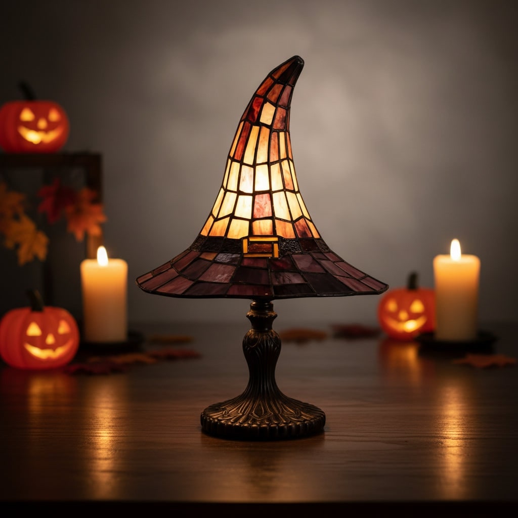 Tiffany Table Lamp with Stained Glass Witch Hat Shade and Bronze Base - Image 2