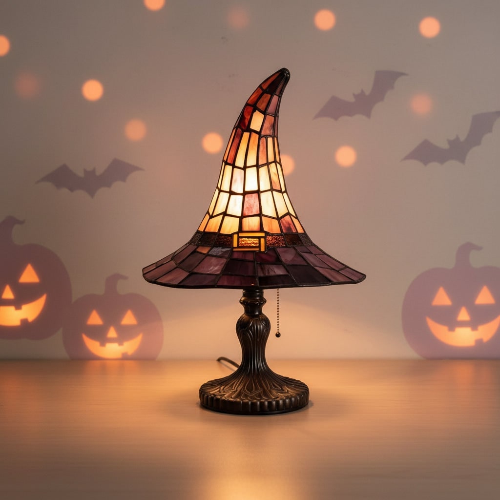 Tiffany Table Lamp with Stained Glass Witch Hat Shade and Bronze Base - Image 3