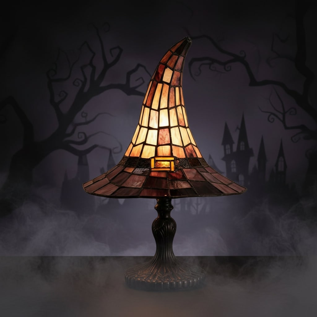 Tiffany Table Lamp with Stained Glass Witch Hat Shade and Bronze Base - Image 4