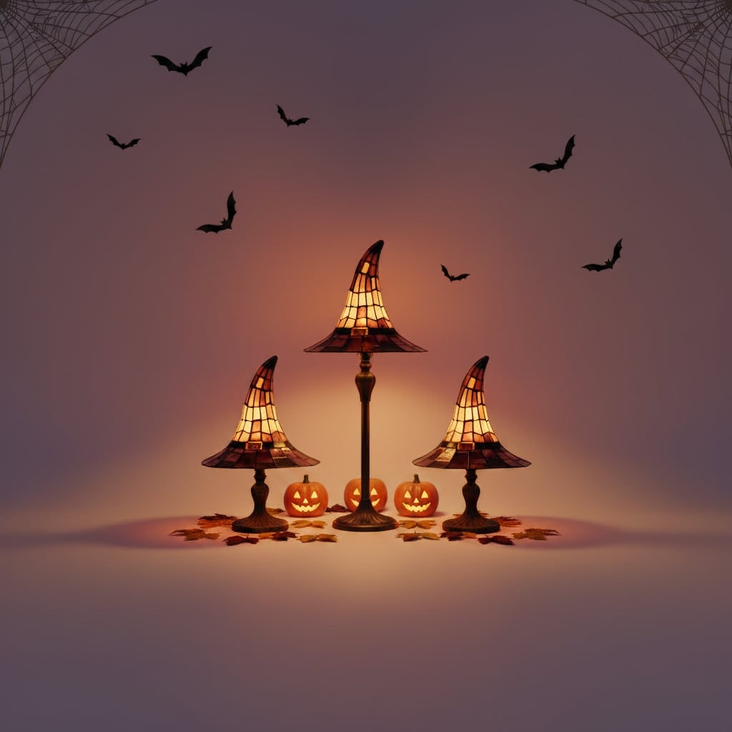 Tiffany Table Lamp with Stained Glass Witch Hat Shade and Bronze Base - Image 5