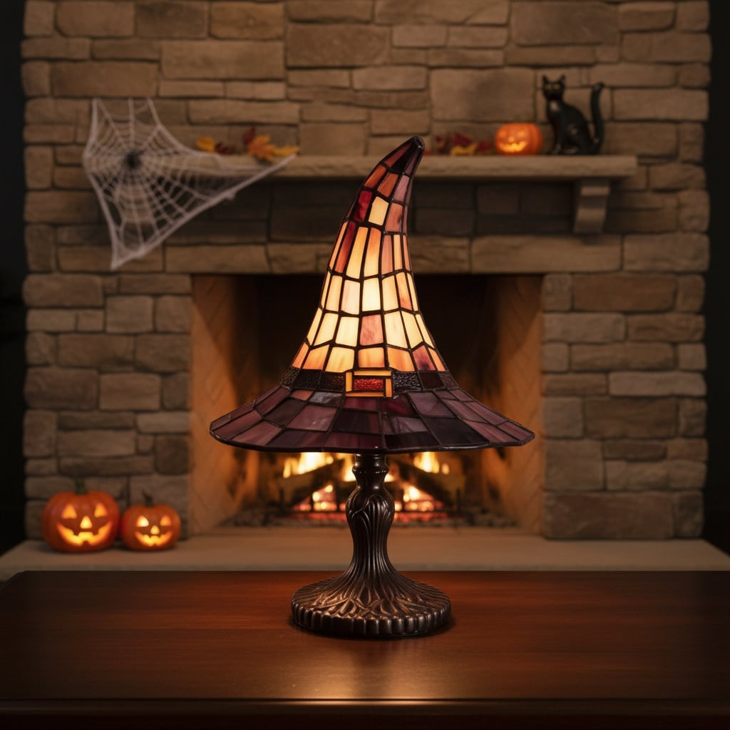 Tiffany Table Lamp with Stained Glass Witch Hat Shade and Bronze Base - Image 6