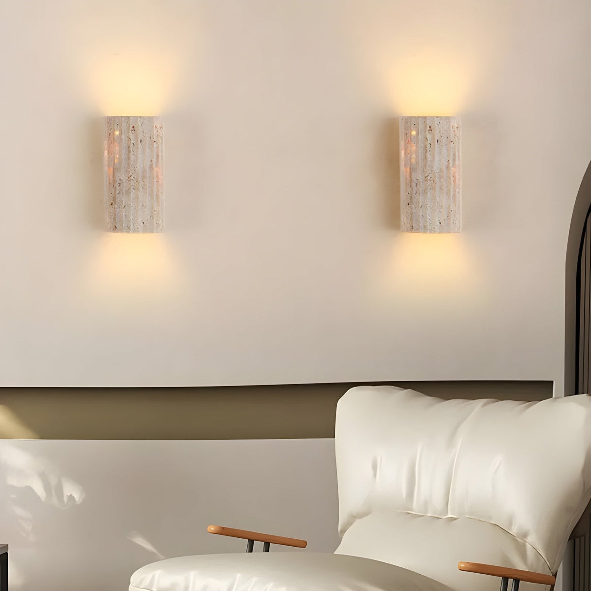 Travertine Wall Sconce with Fluted Column Design and Warm LED Lighting - Image 1