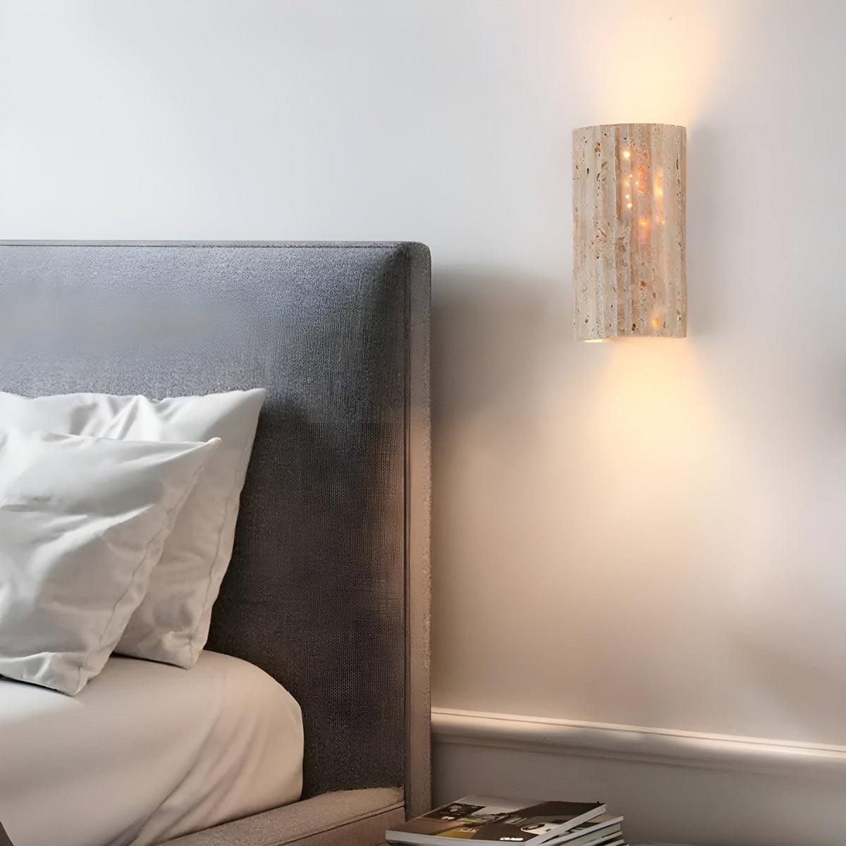 Travertine Wall Sconce with Fluted Column Design and Warm LED Lighting - Image 2