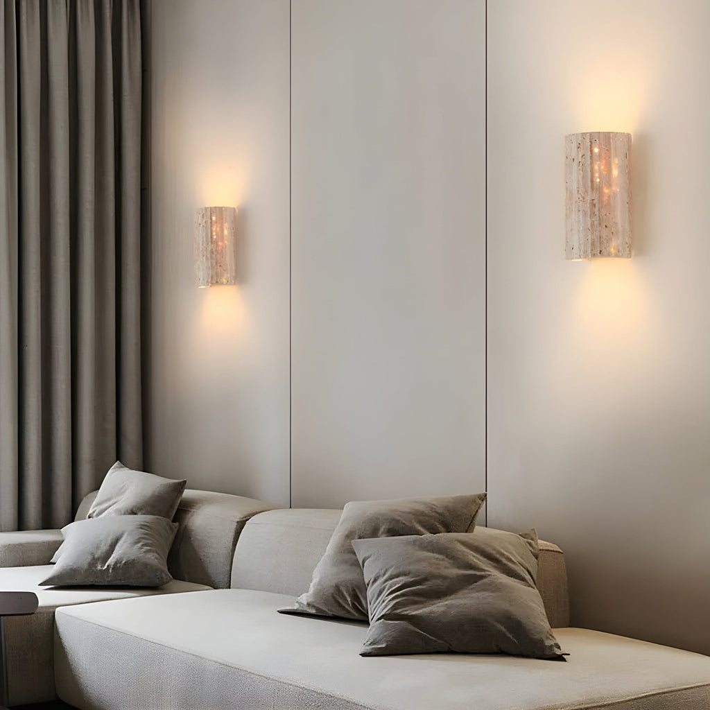 Travertine Wall Sconce with Fluted Column Design and Warm LED Lighting - Image 3