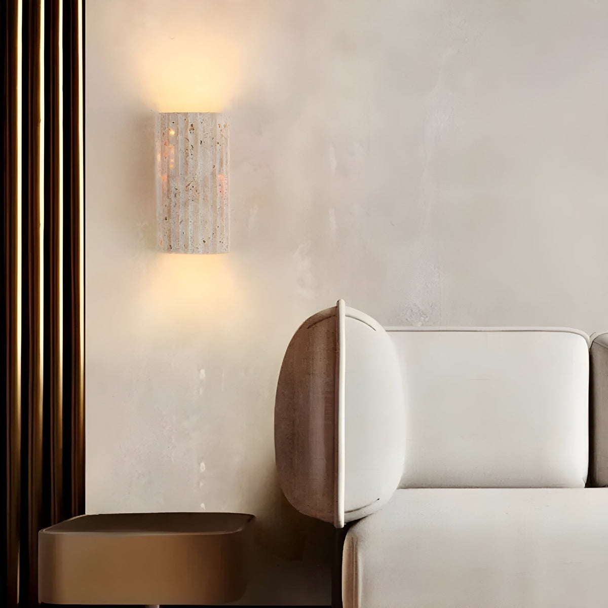 Travertine Wall Sconce with Fluted Column Design and Warm LED Lighting - Image 4