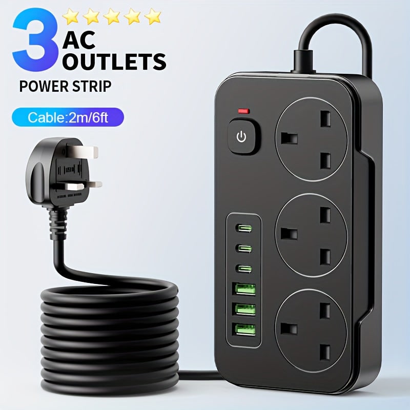 USB Power Strip with 3 AC Outlets 6 Ports and 2m Extension Cable - Image 1