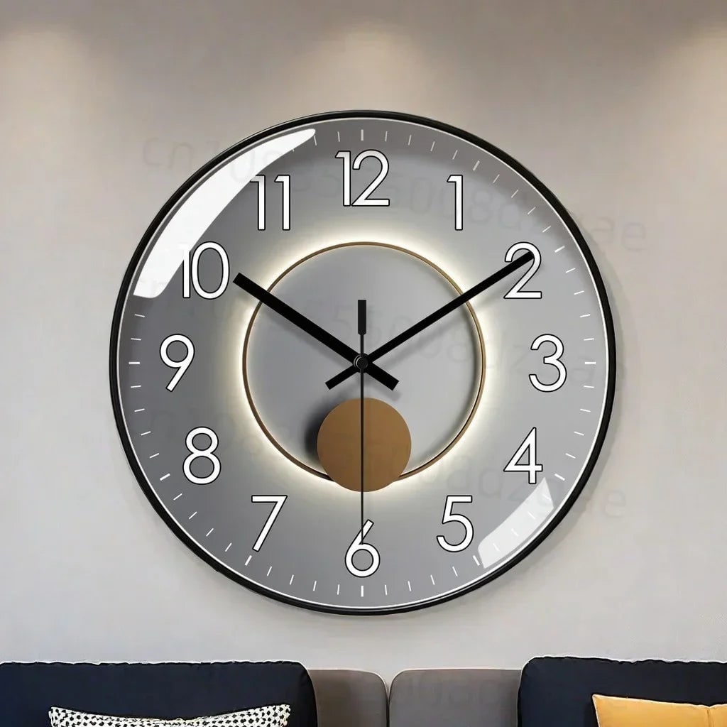 Wall Clock with Silent Mechanism Round Glass Face and Geometric Design - Image 1