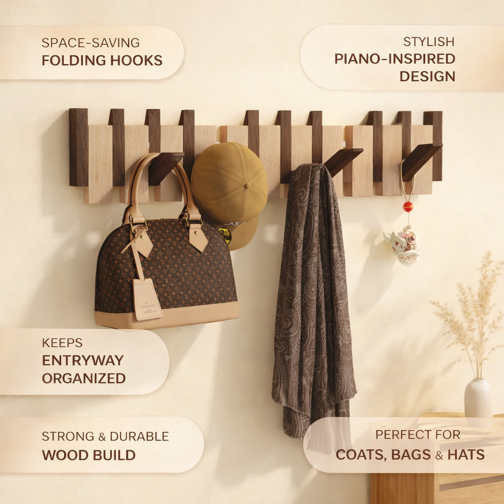 Wall Coat Rack with Folding Piano Key Space Saving Entryway Organizer - Image 5