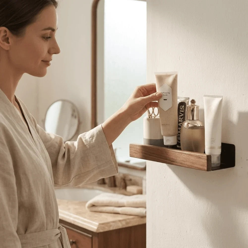 Wall Mounted Floating Shelves with Wooden Rail and Metal Bracket for Bathroom Storage - Image 4