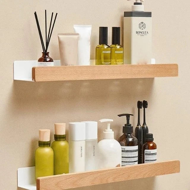 Wall Mounted Floating Shelves with Wooden Rail and Metal Bracket for Bathroom Storage - Image 9
