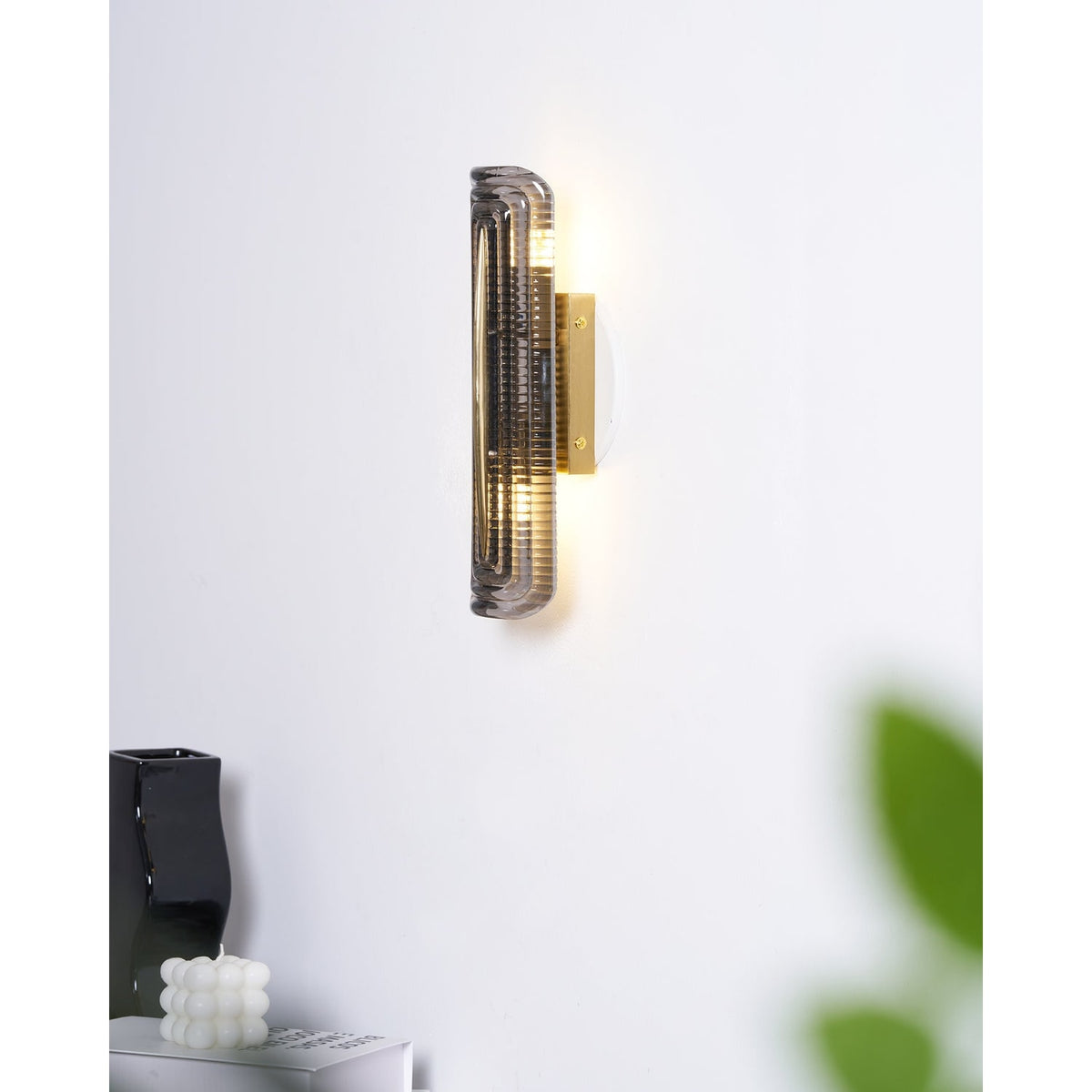 Wall Sconce Lighting with Brass Mount and Ribbed Glass Shade - Image 13