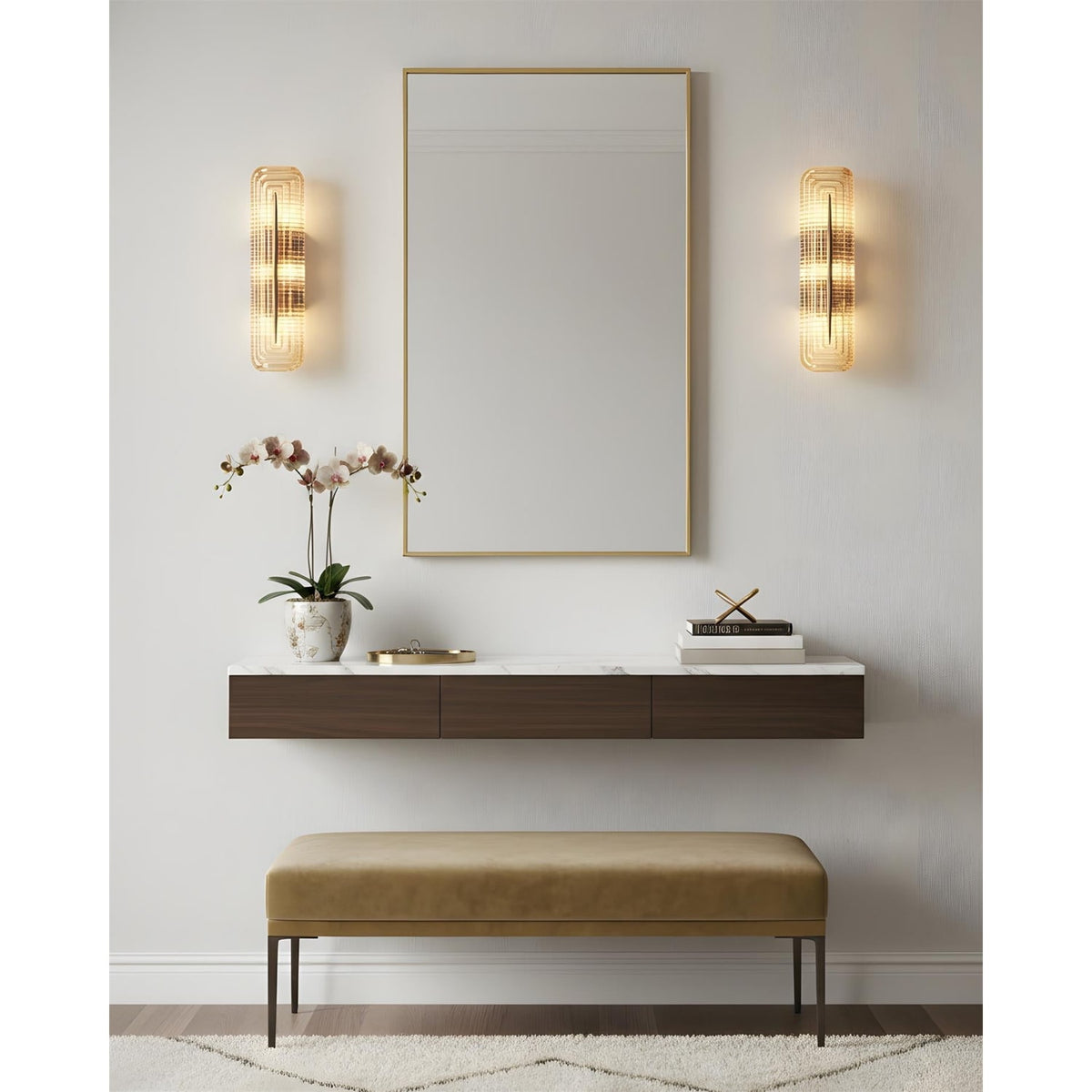 Wall Sconce Lighting with Brass Mount and Ribbed Glass Shade - Image 9