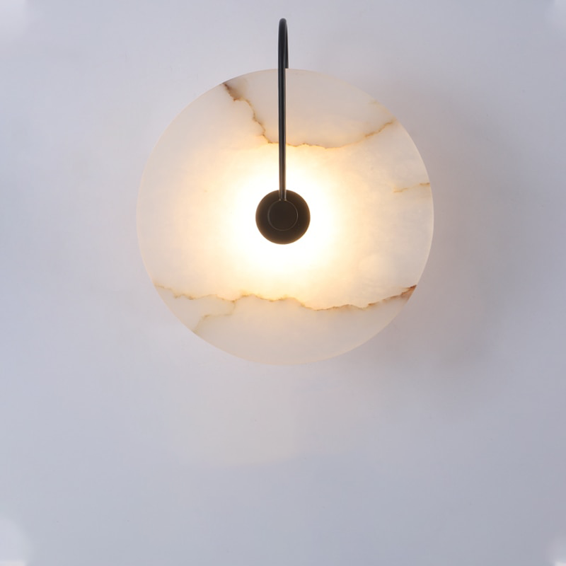 Wall Sconce Lighting with Marble Disc Shade and Curved Metal Arm - Image 1