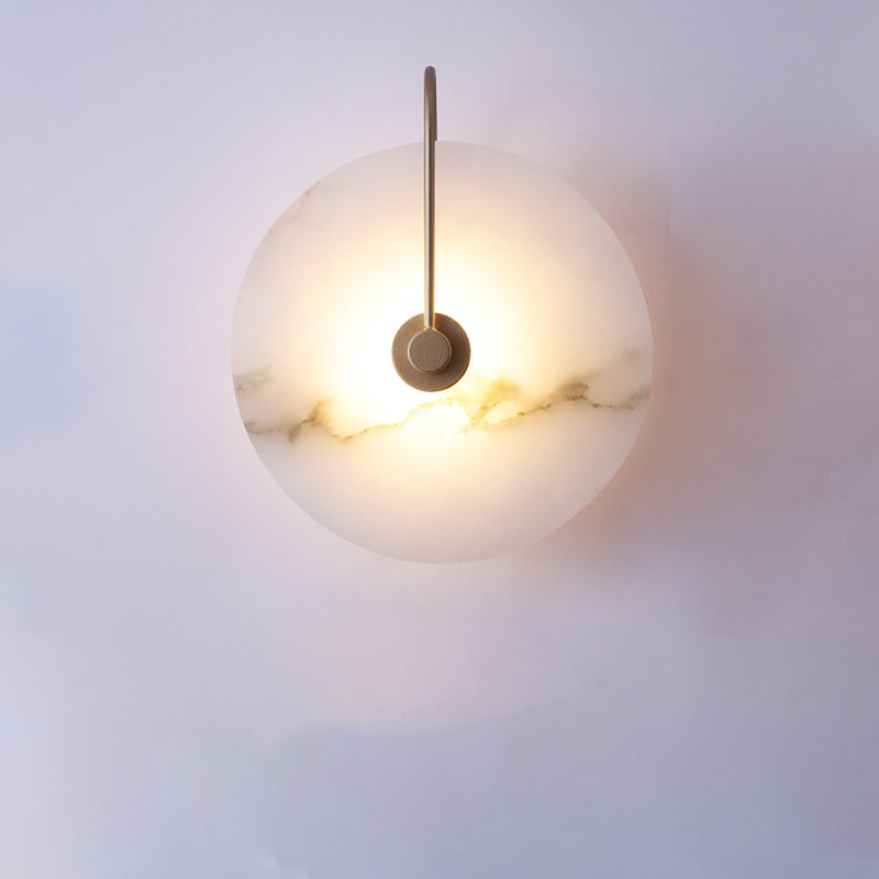 Wall Sconce Lighting with Marble Disc Shade and Curved Metal Arm - Image 2