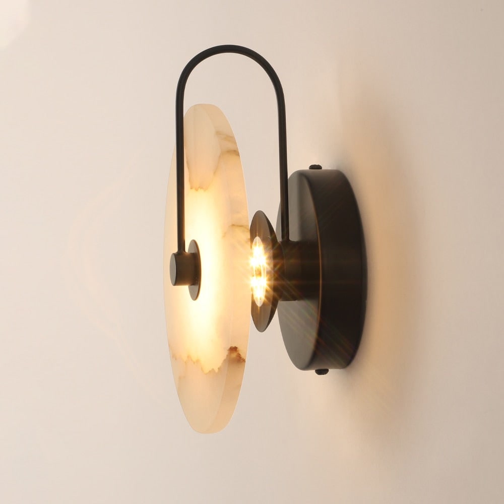 Wall Sconce Lighting with Marble Disc Shade and Curved Metal Arm - Image 3
