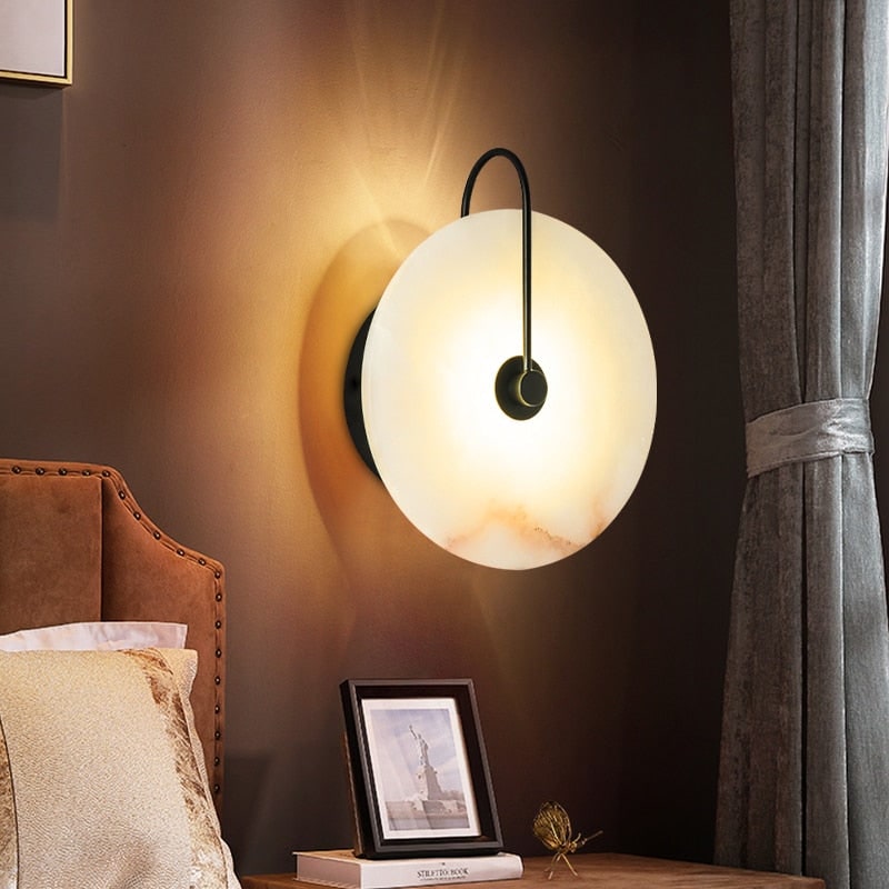Wall Sconce Lighting with Marble Disc Shade and Curved Metal Arm - Image 4