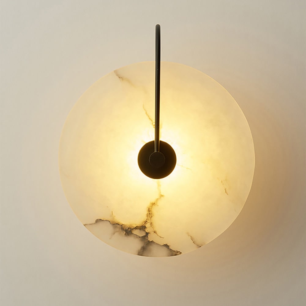 Wall Sconce Lighting with Marble Disc Shade and Curved Metal Arm - Image 5